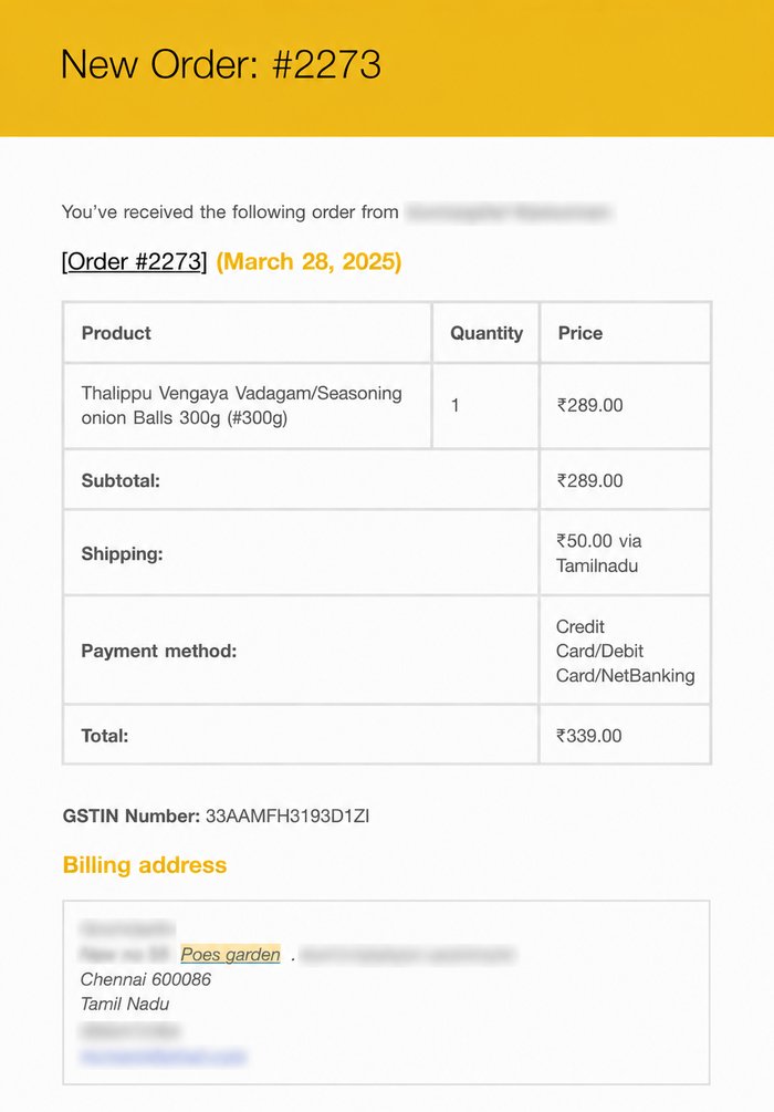 A real Hommix order confirmation, redacted for customer privacy
